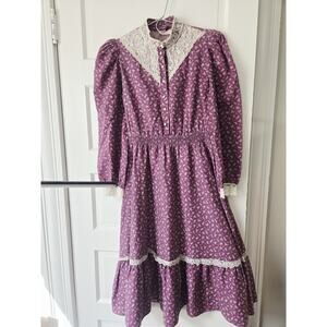 Vtg Jerri Gee Dress Womens Size 6 Purple Floral Peasant Shoulder Pad Prairie